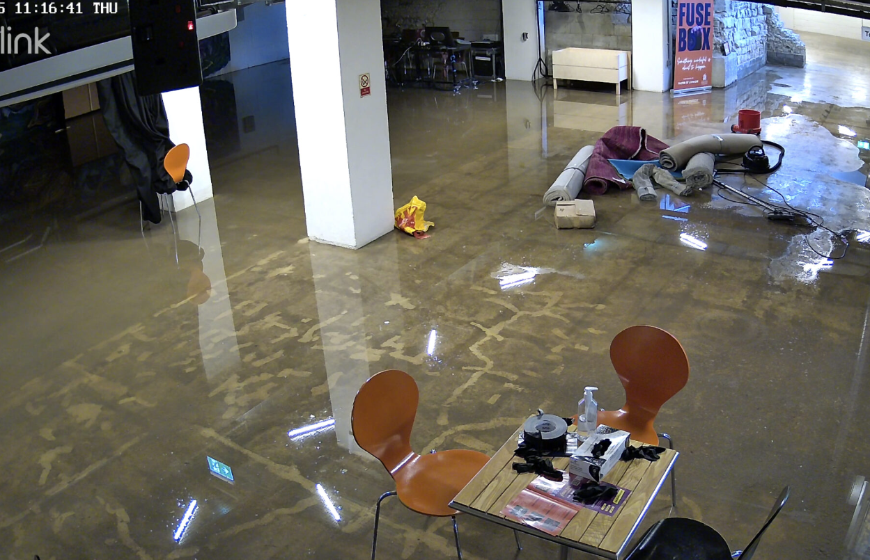 CCTV footage of severe flooding at Fusebox, Creative Youth's home.