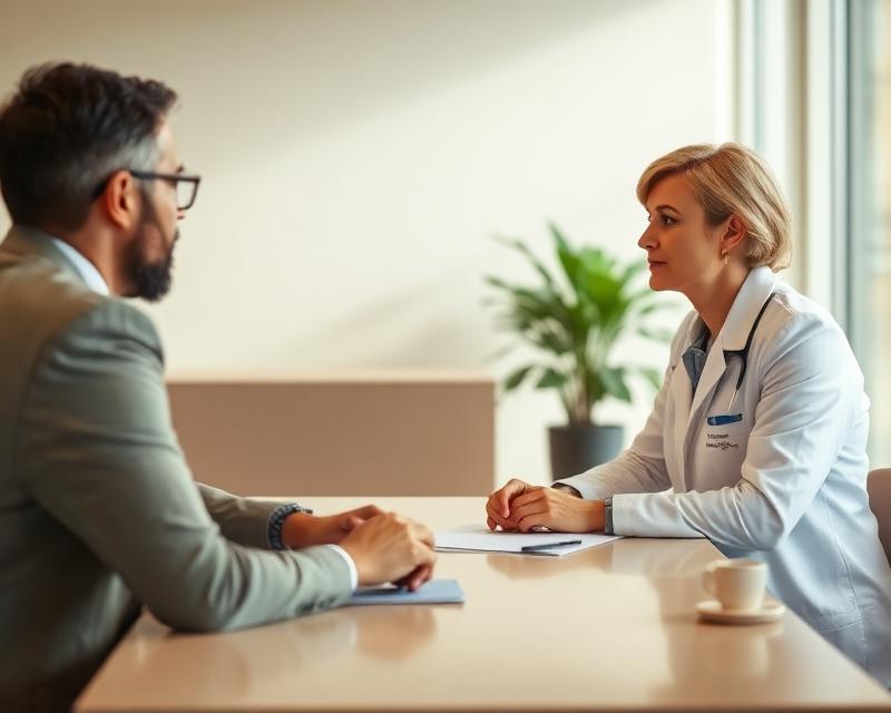 Pharmaceutical professional in conversation with healthcare professional