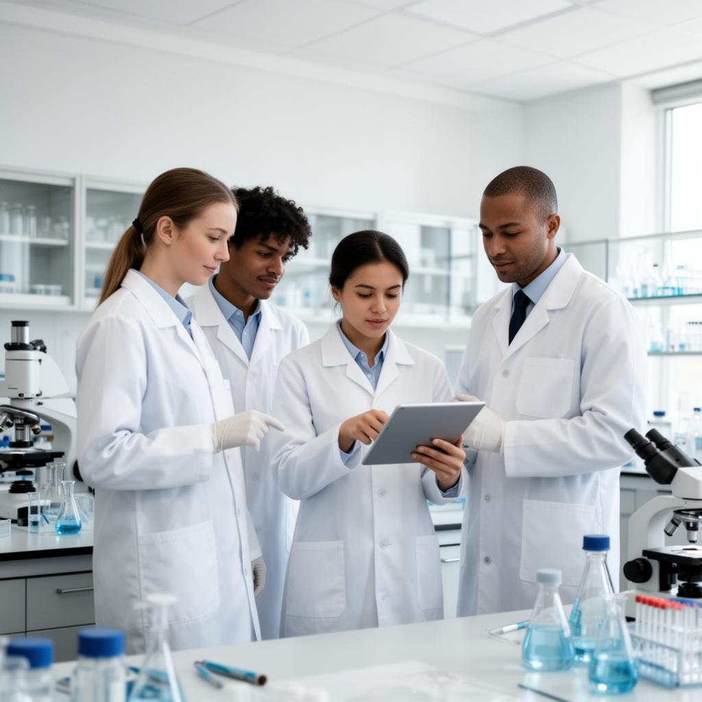 Diverse pharmaceutical research team reviewing data