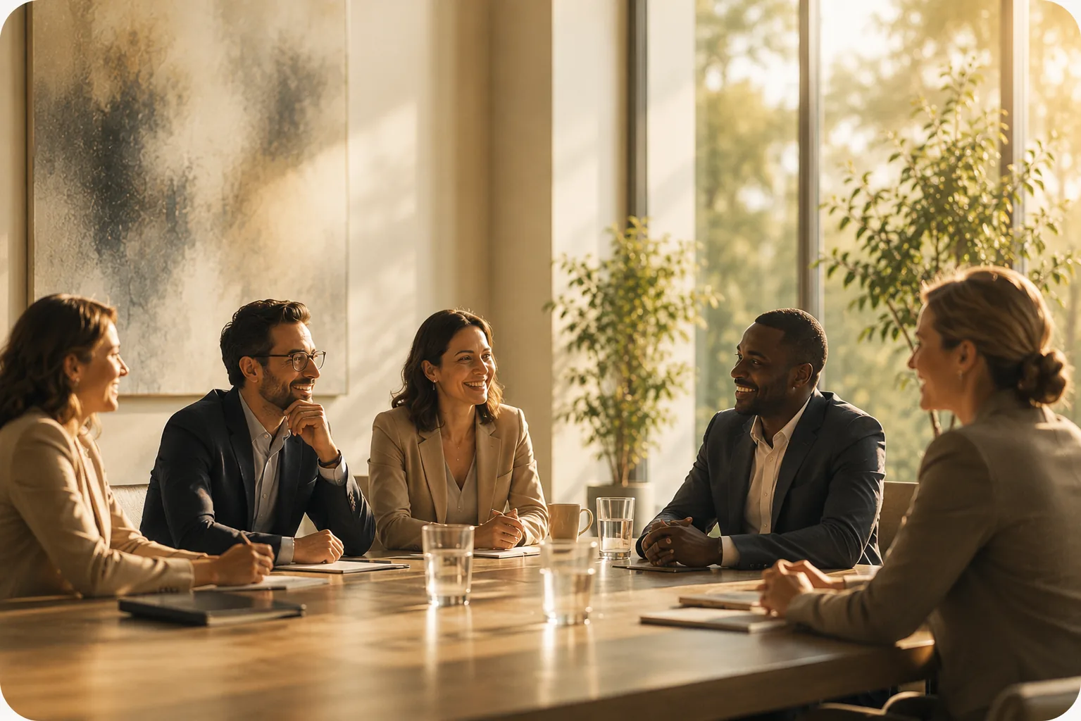 Executives engaged in conversation around a sunlit boardroom table