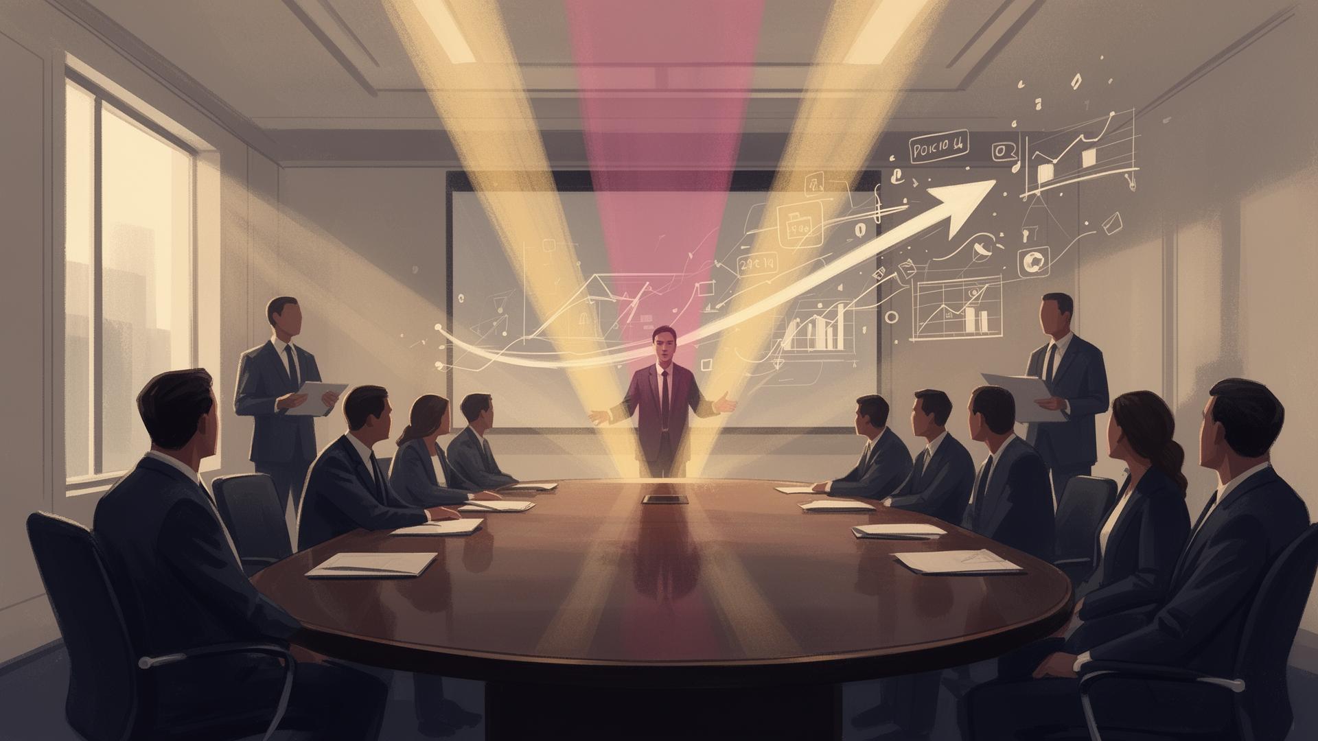 Cinematic editorial illustration of a high-stakes pitch in a boardroom with audience attention focusing on a single confident speaker