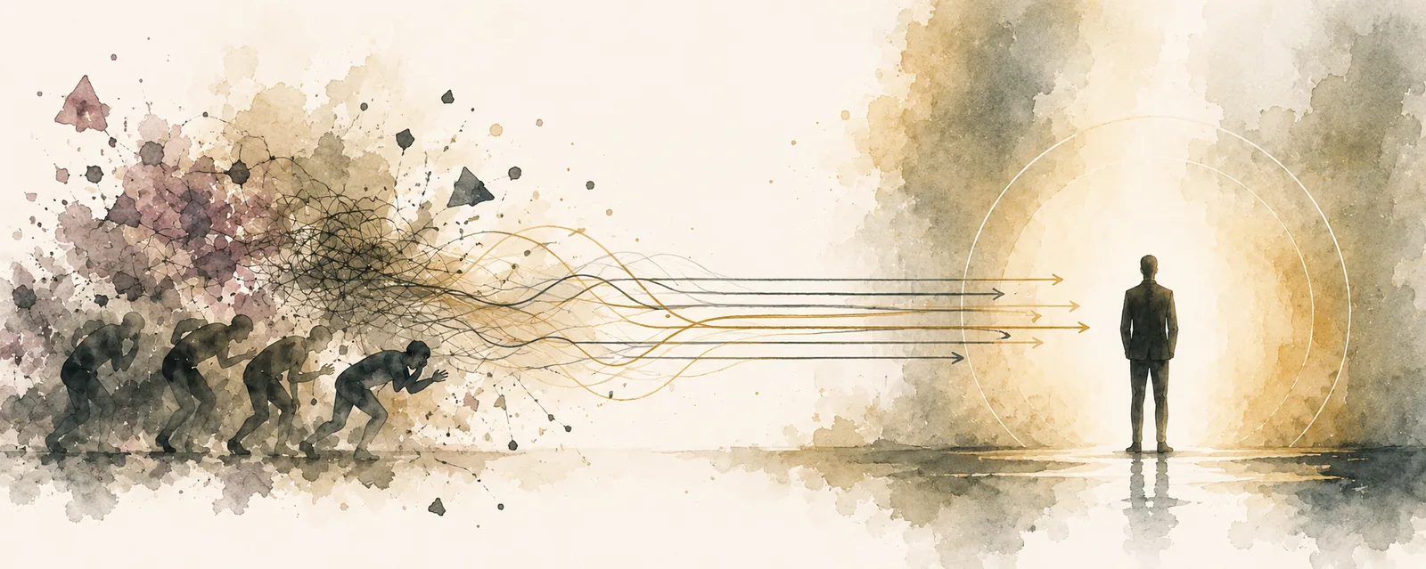 Editorial watercolour illustration of crouched figures and tangled lines on the left resolving into a composed standing figure within a luminous circle on the right, depicting transformation from pressure to clarity