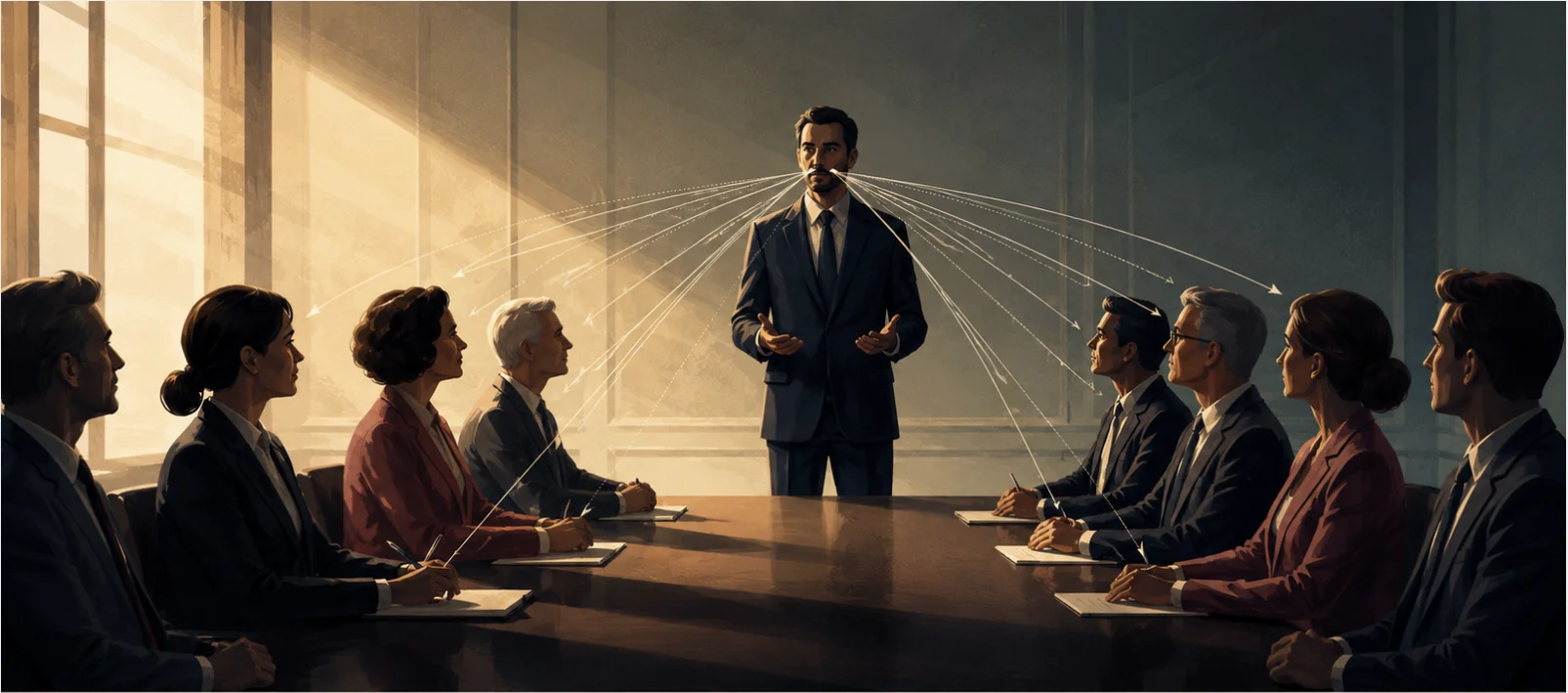 Editorial illustration of an executive boardroom with attention threads connecting decision-makers to a single composed presenter