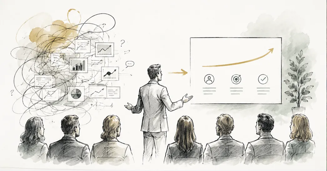 Editorial illustration showing how presentation coaching turns complex business ideas into clear, confident communication