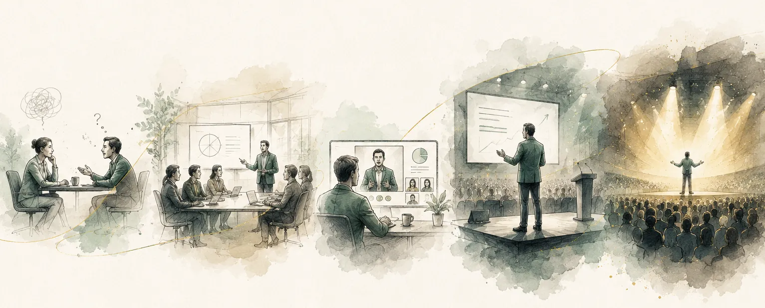 Sequence of business presenters across boardroom, virtual and conference settings, progressing from nervous delivery to calm, confident communication
