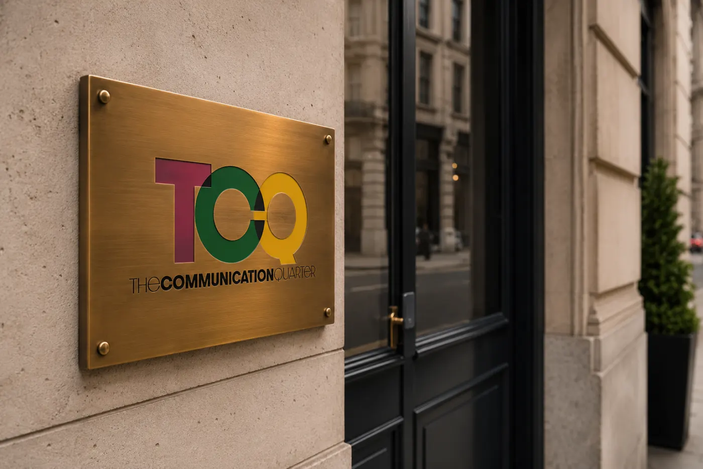 TCQ brass plaque at the entrance of the London office